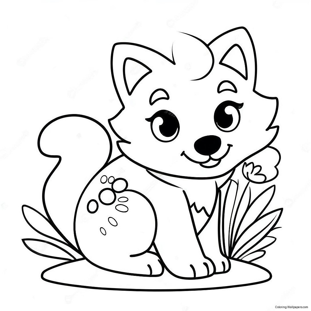 Playful Kawaii Wolf With Flowers Coloring Page 31006