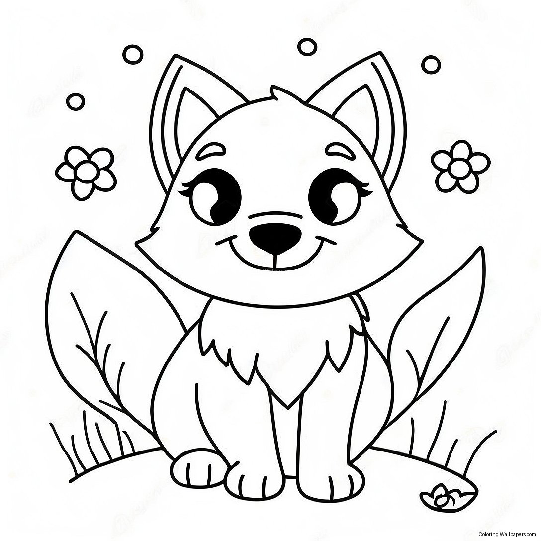 Speelse Kawaii Wolf Met Bloemen Kleurplaat 31008