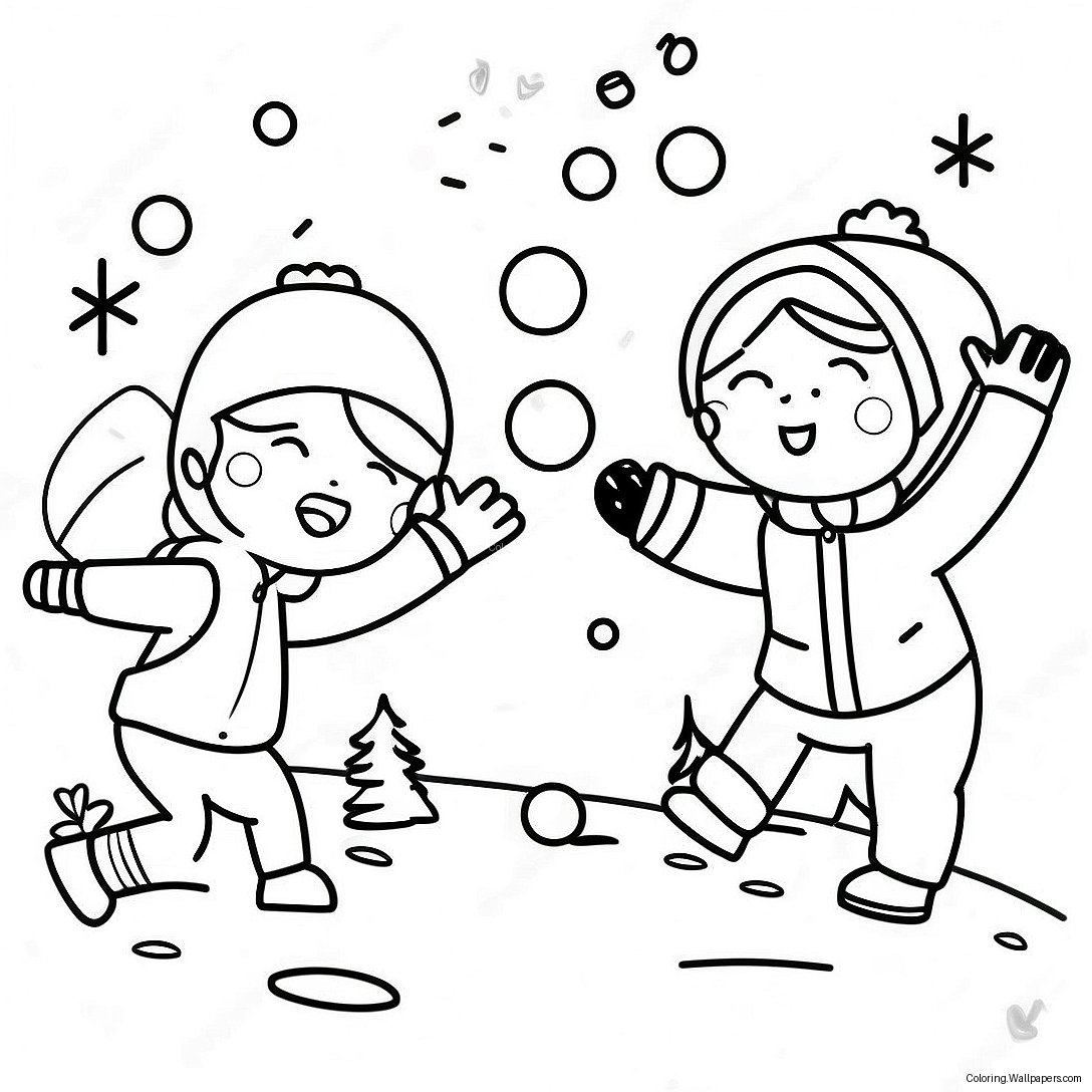 Playful Kids In Snowball Fight Coloring Page 42469