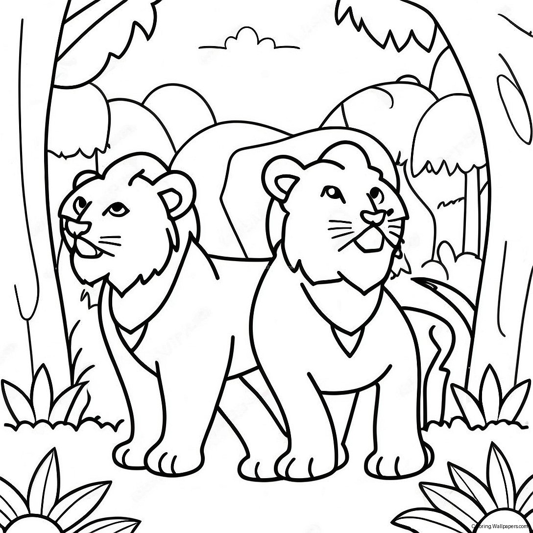 Leones Juguetones En Una Página Para Colorear De La Selva 54112