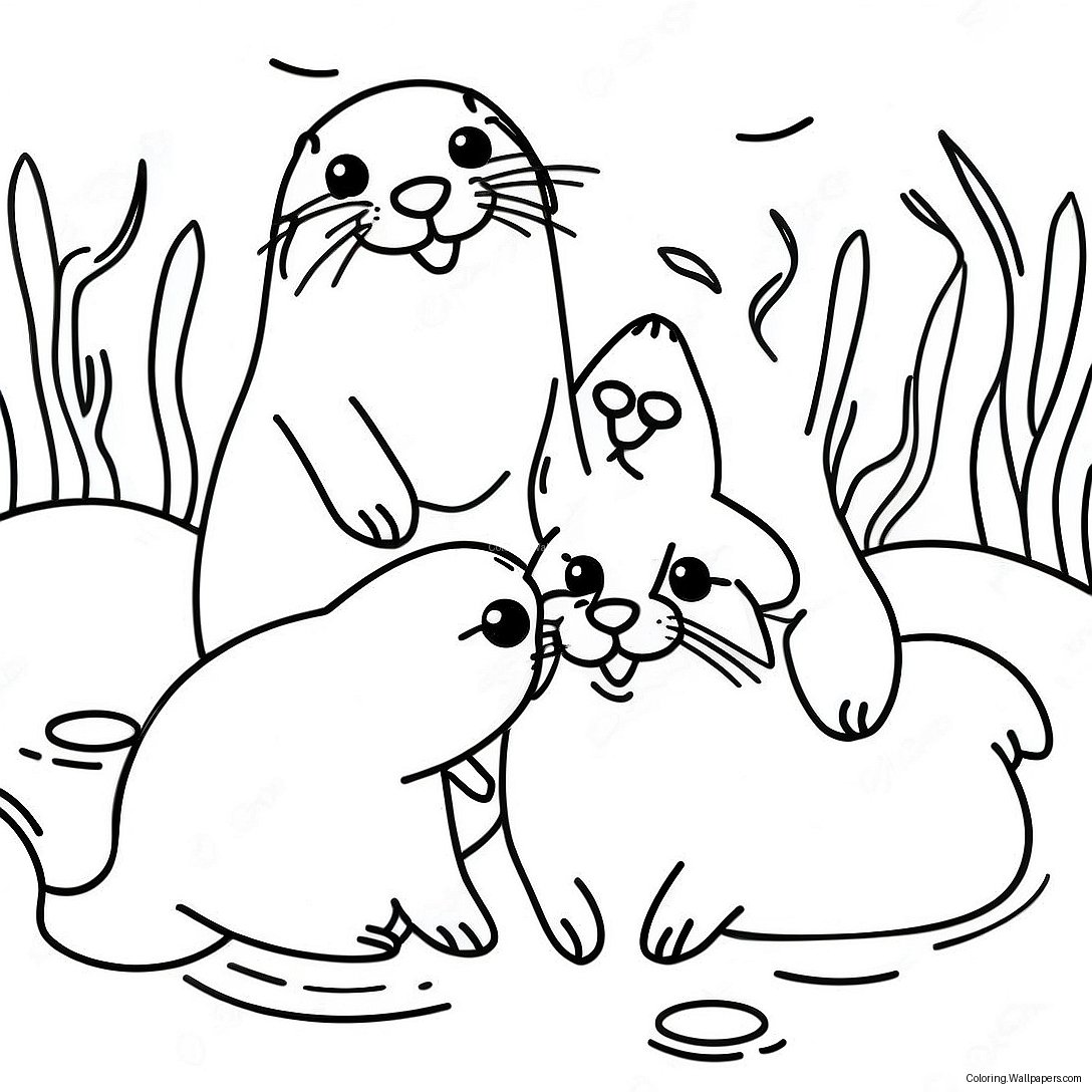 Playful Otter Family Coloring Page 1302