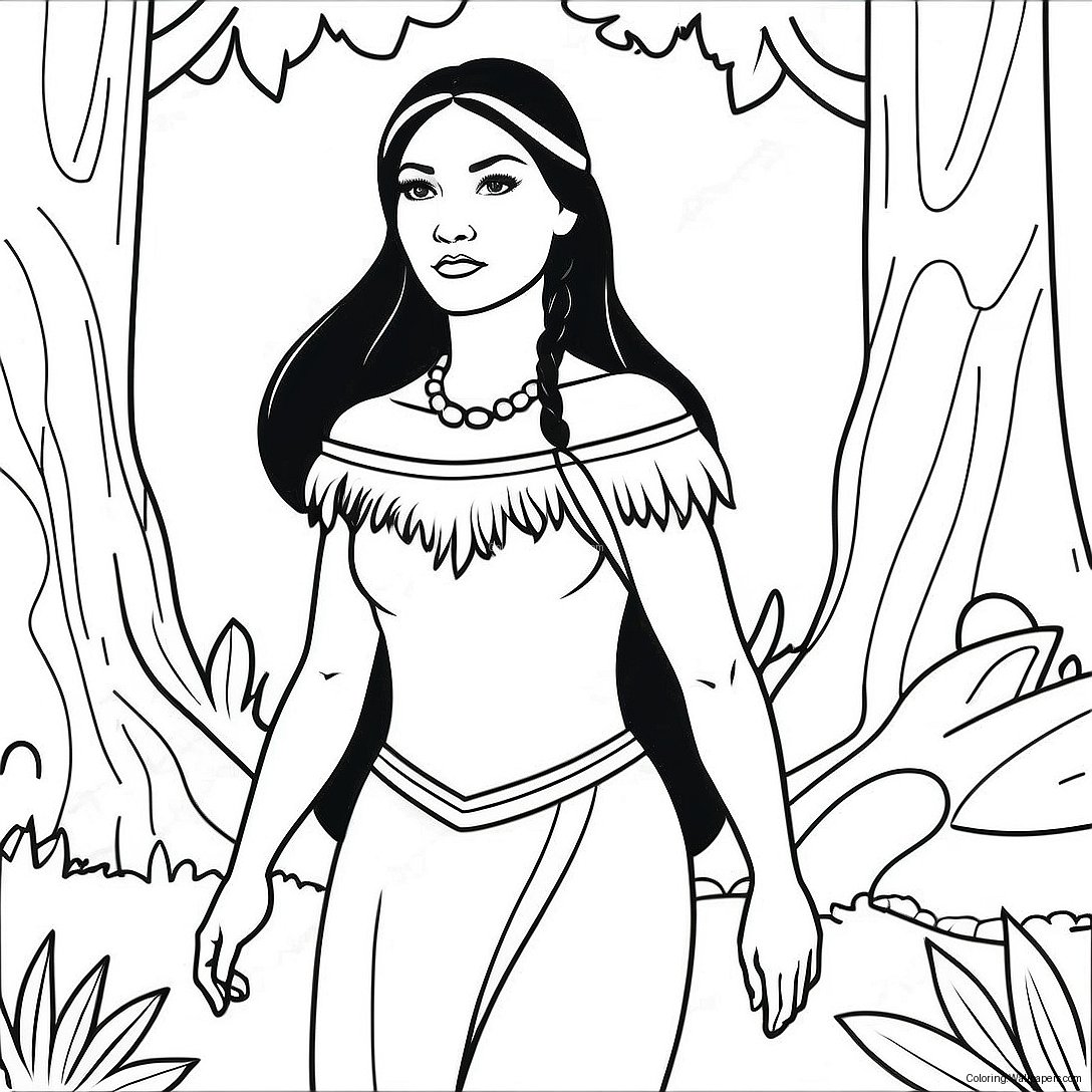 Página Para Colorear De Pocahontas En Un Hermoso Bosque 1438