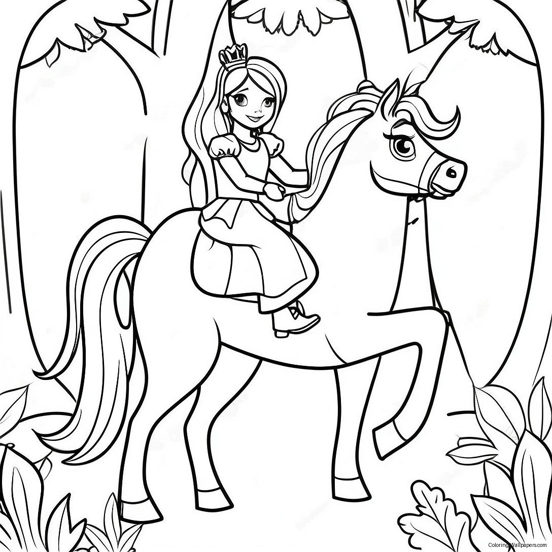 Princess Horse Riding In A Magical Forest Coloring Page 40242