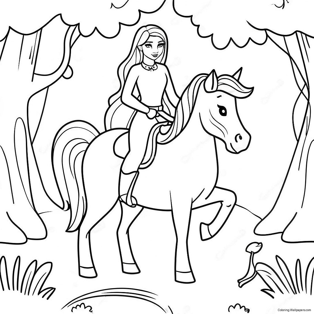 Princess Horse Riding In A Magical Forest Coloring Page 40243