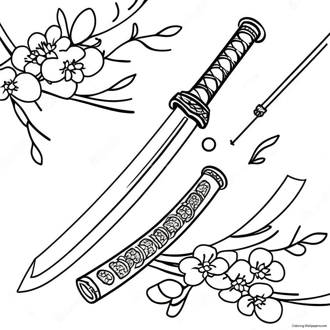 Samurai Katana With Cherry Blossoms Coloring Page 50384