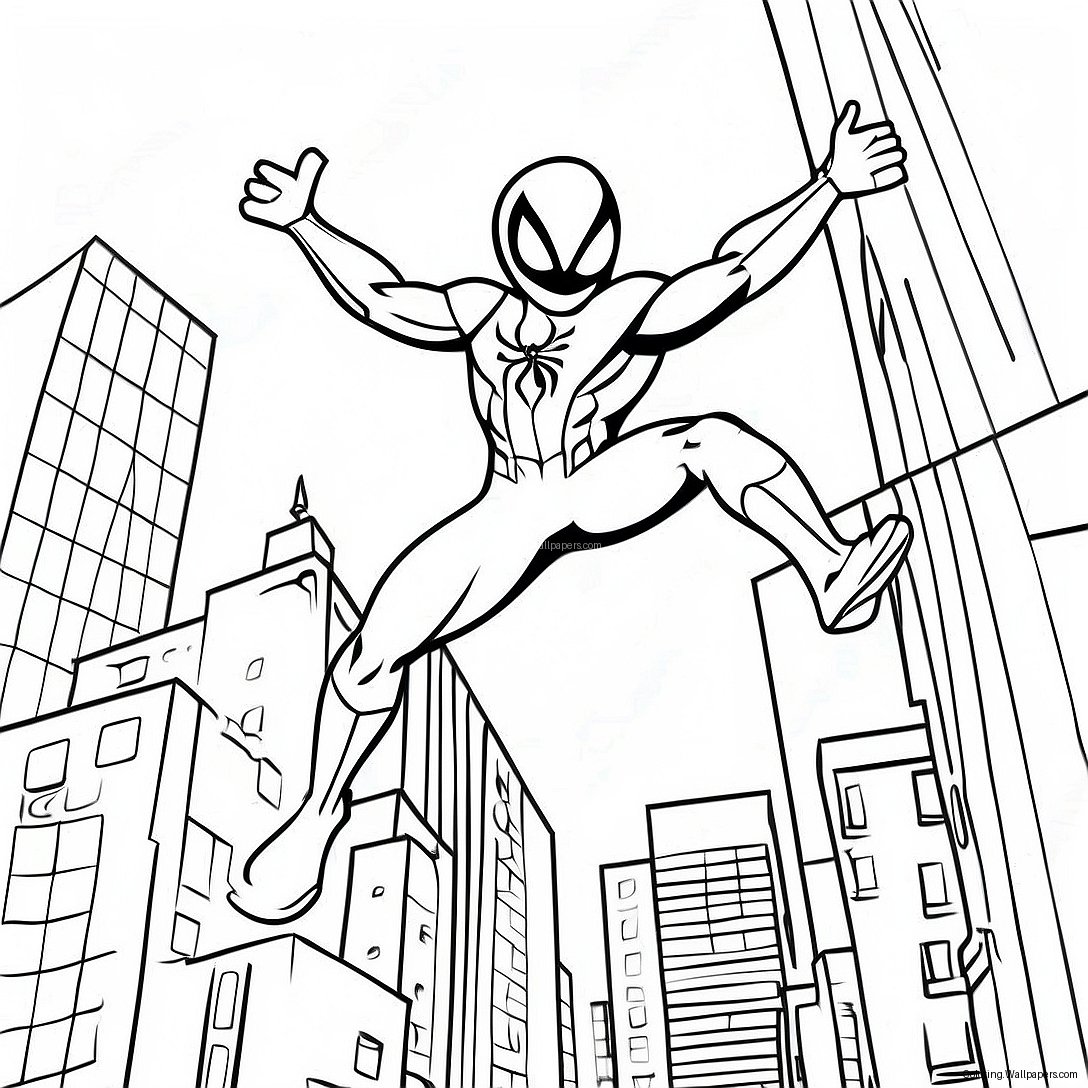 Scarlet Spider Swinging Through City Coloring Page 44090