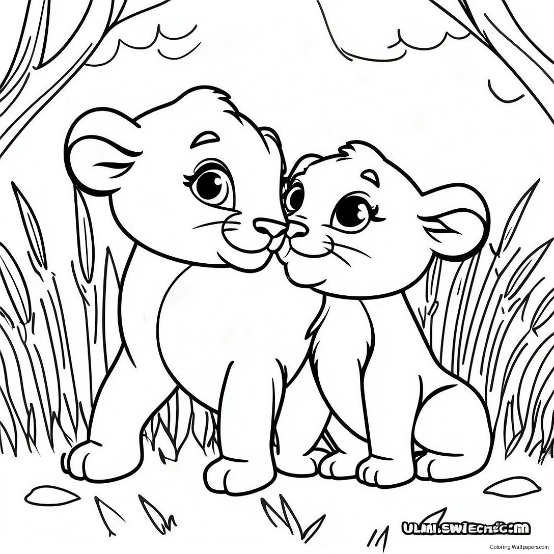 Page À Colorier Simba Et Kiara Jouant Dans L'herbe 29222