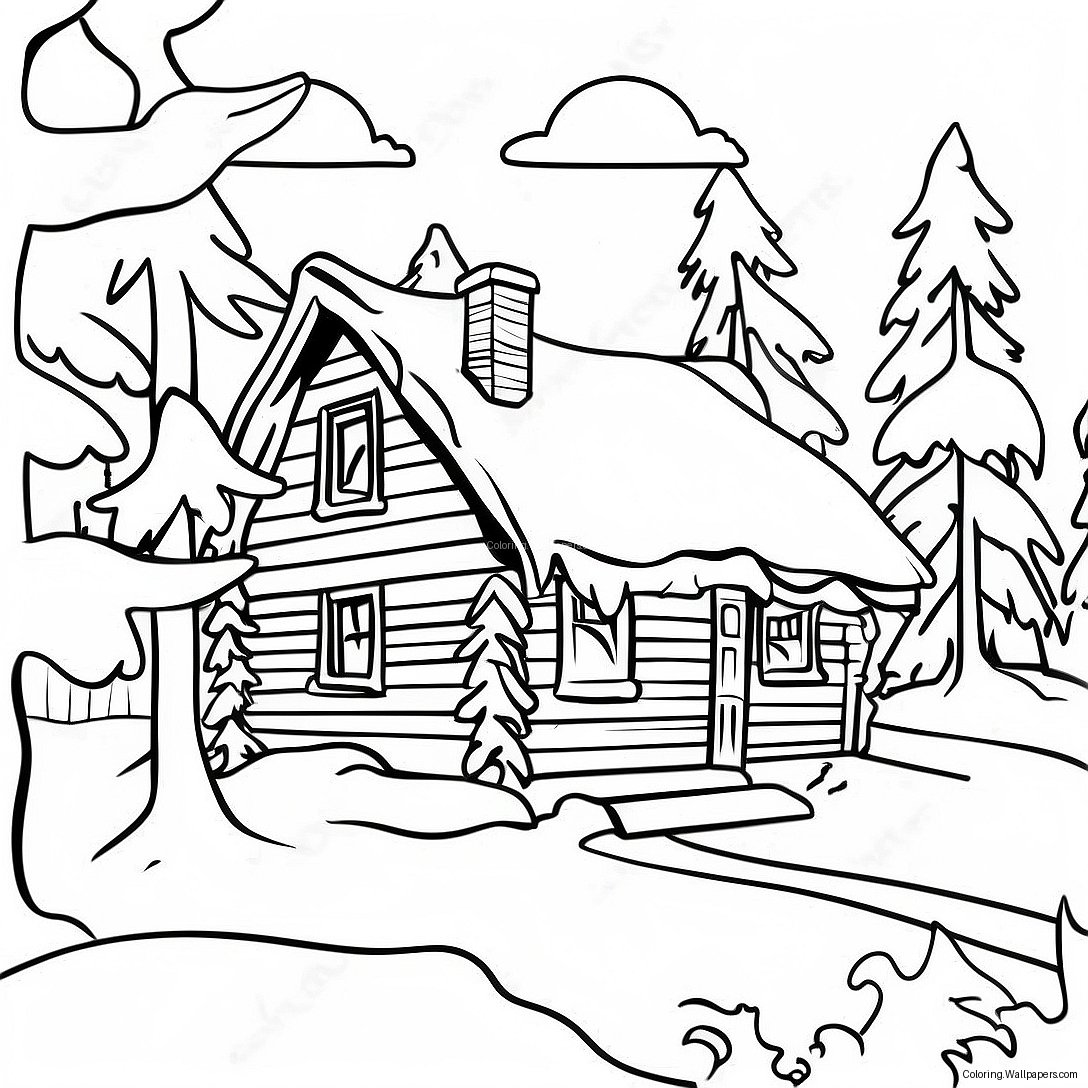 Snowy Winter Cabin With Pine Trees Coloring Page 50256