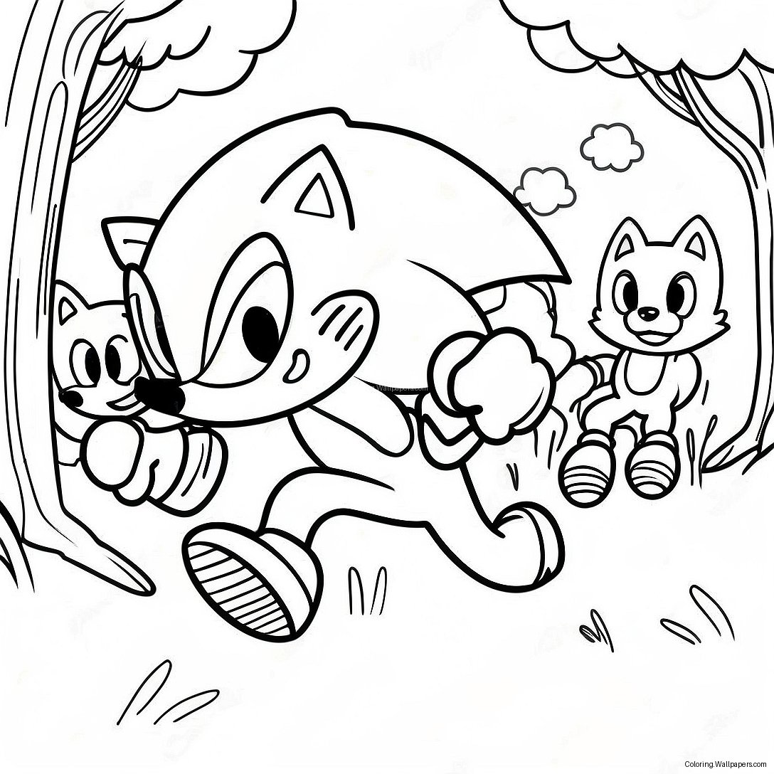 Pagina De Colorat Cu Sonic The Hedgehog Alergând Cu Lupii 45370