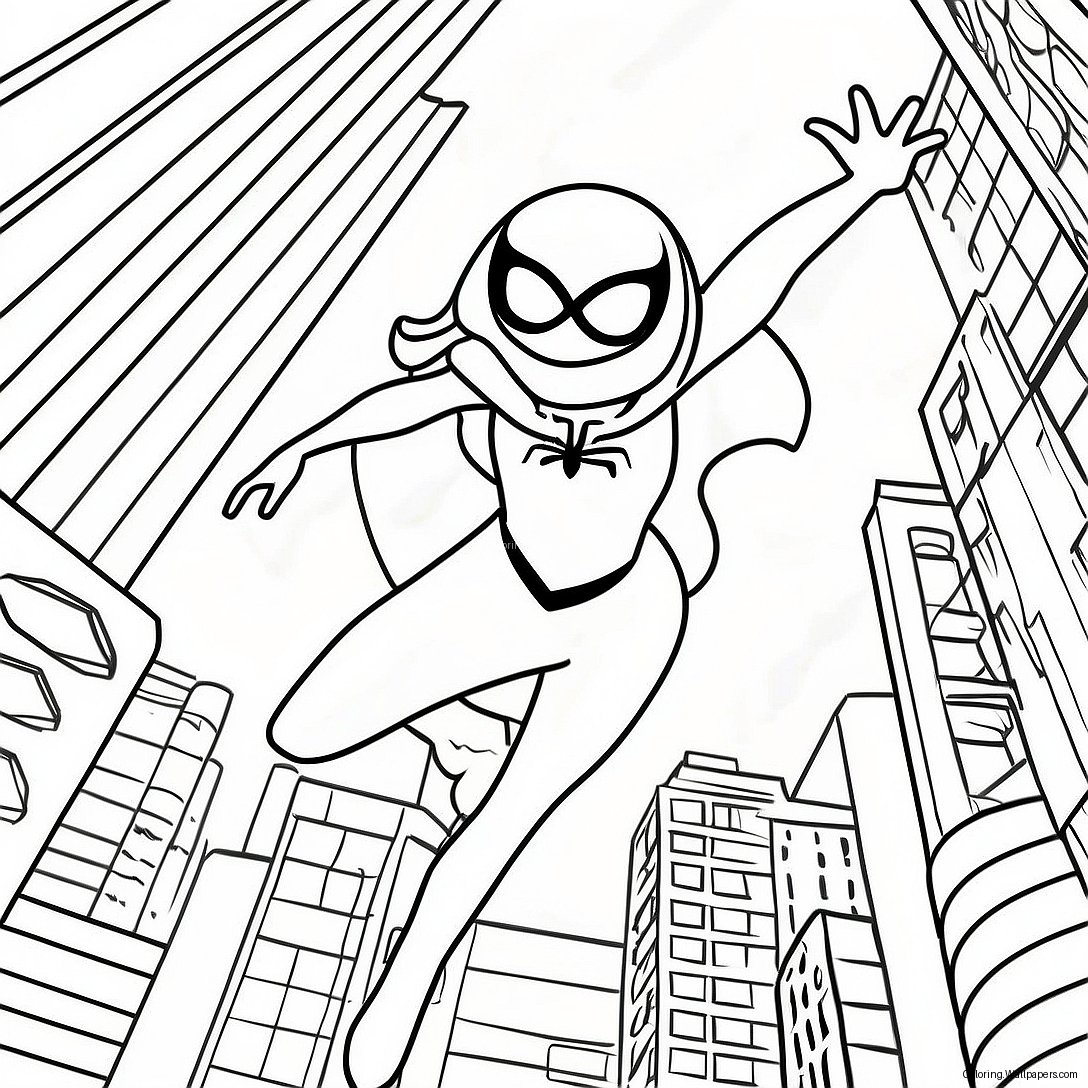 Spider Gwen Swinging Through City Coloring Page 19165