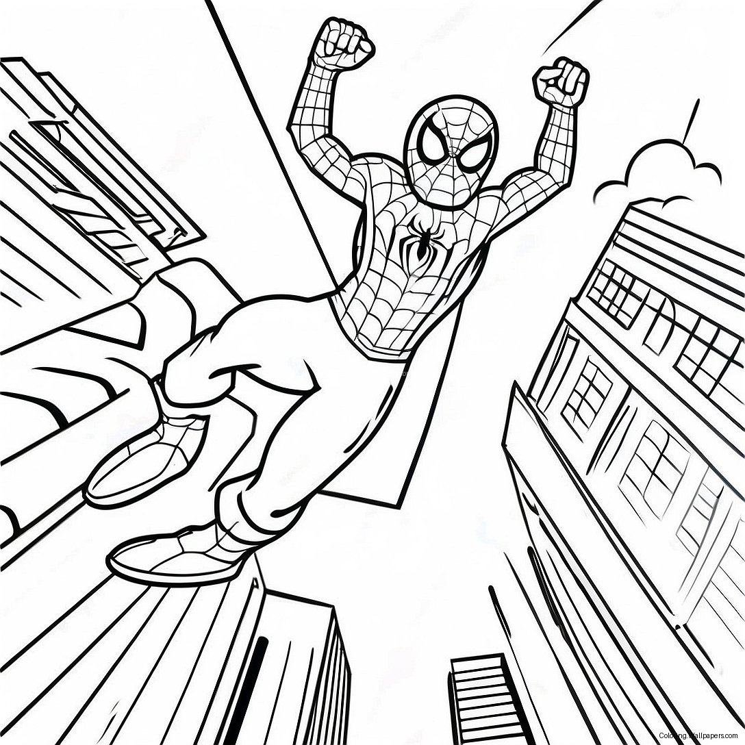 Página Para Colorear De Spider Man: Far From Home Balanceándose Por La Ciudad 38458