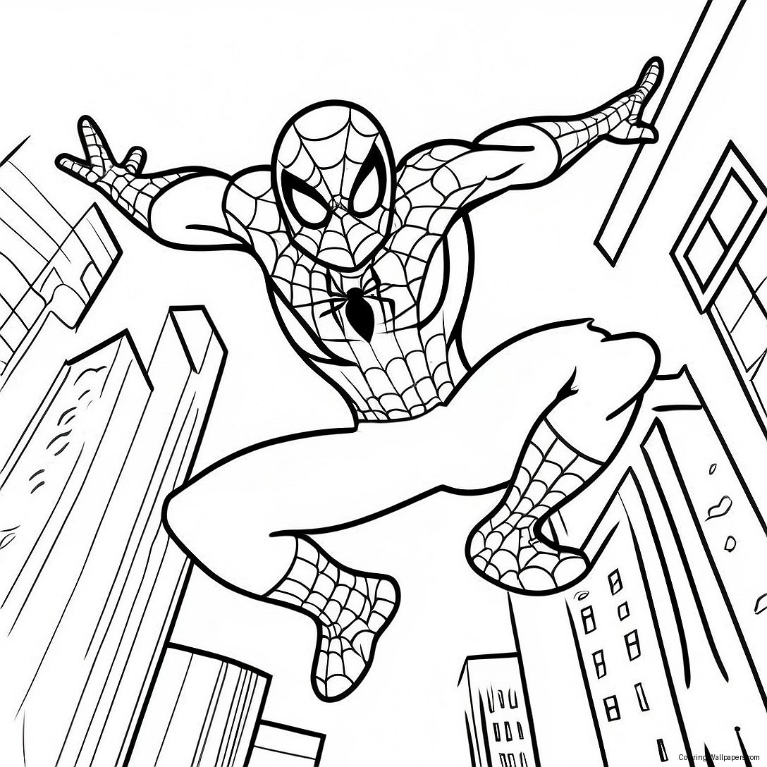 Spider-Man Swinging Through City Coloring Page 25529