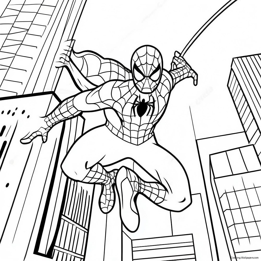 Spider-Man Swinging Through City Coloring Page 25532