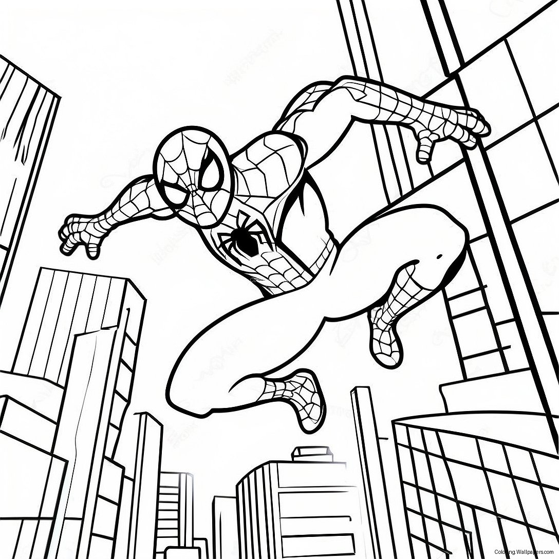 Spider Man Swinging Through The City Coloring Page 17437