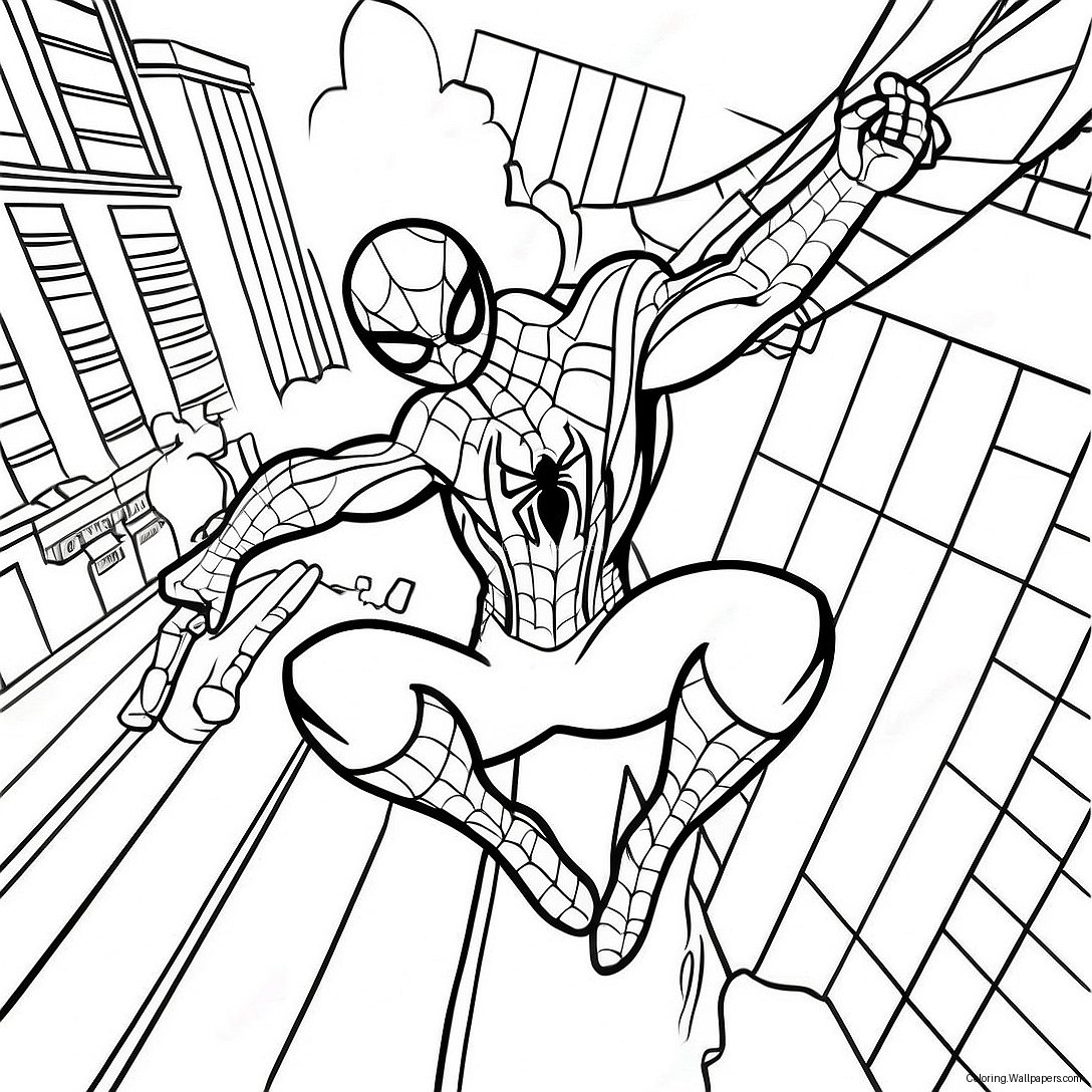 Spider Man Swinging Through The City Coloring Page 17440