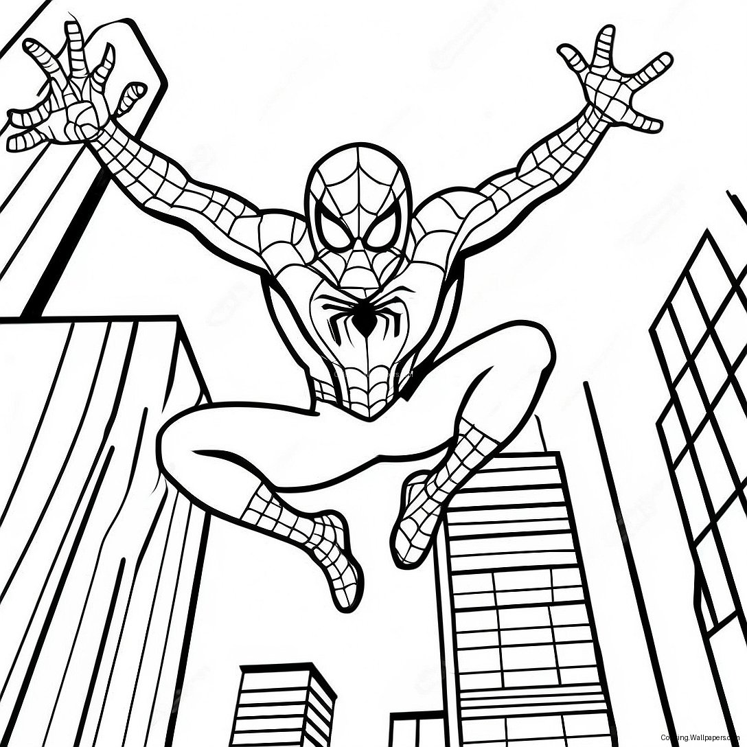 Spider Man Swinging Through The City Coloring Page 47269