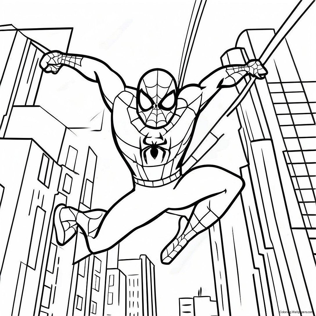 Spiderman 2099 Swinging Through City Coloring Page (4201-3347)