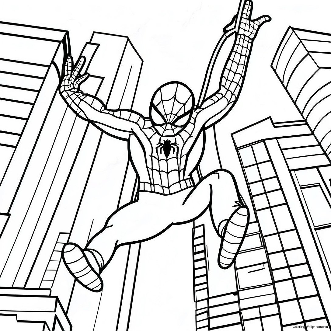 Page À Colorier Spiderman Se Balançant À Travers La Ville 15999