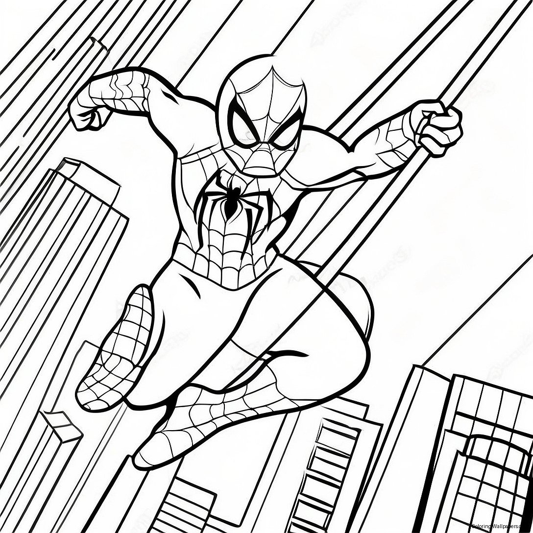 Pagina De Colorat Cu Spiderman Swinging Prin Oraș 16000