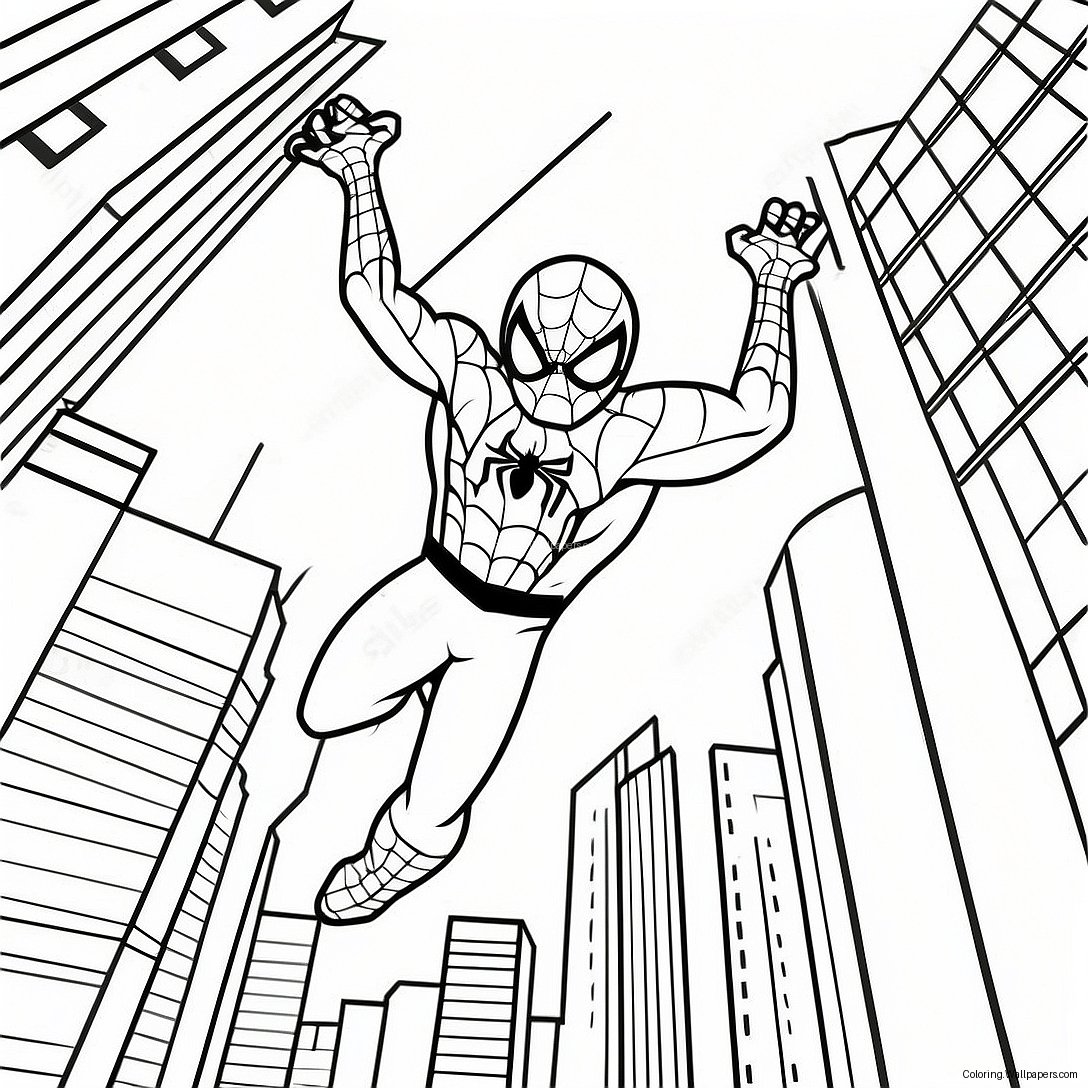 Spiderman Swinging Through The City Coloring Page 17943