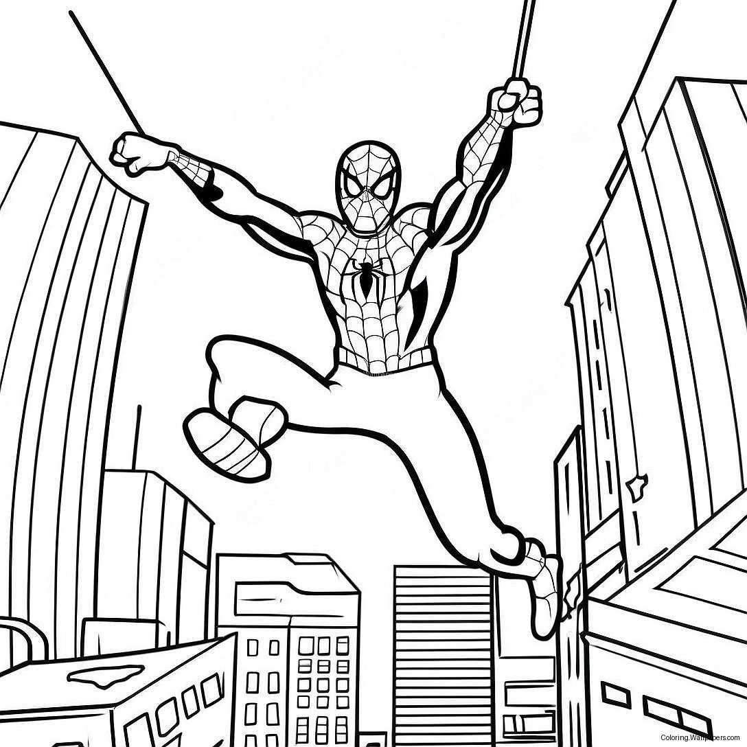 Spiderman Tom Holland Swinging Through City Coloring Page 54126