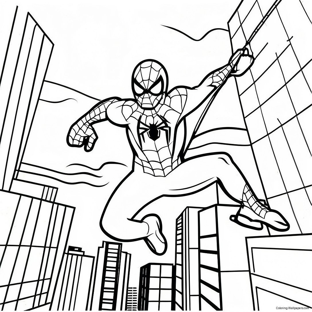 Spiderman Tom Holland Swinging Through City Coloring Page 54127