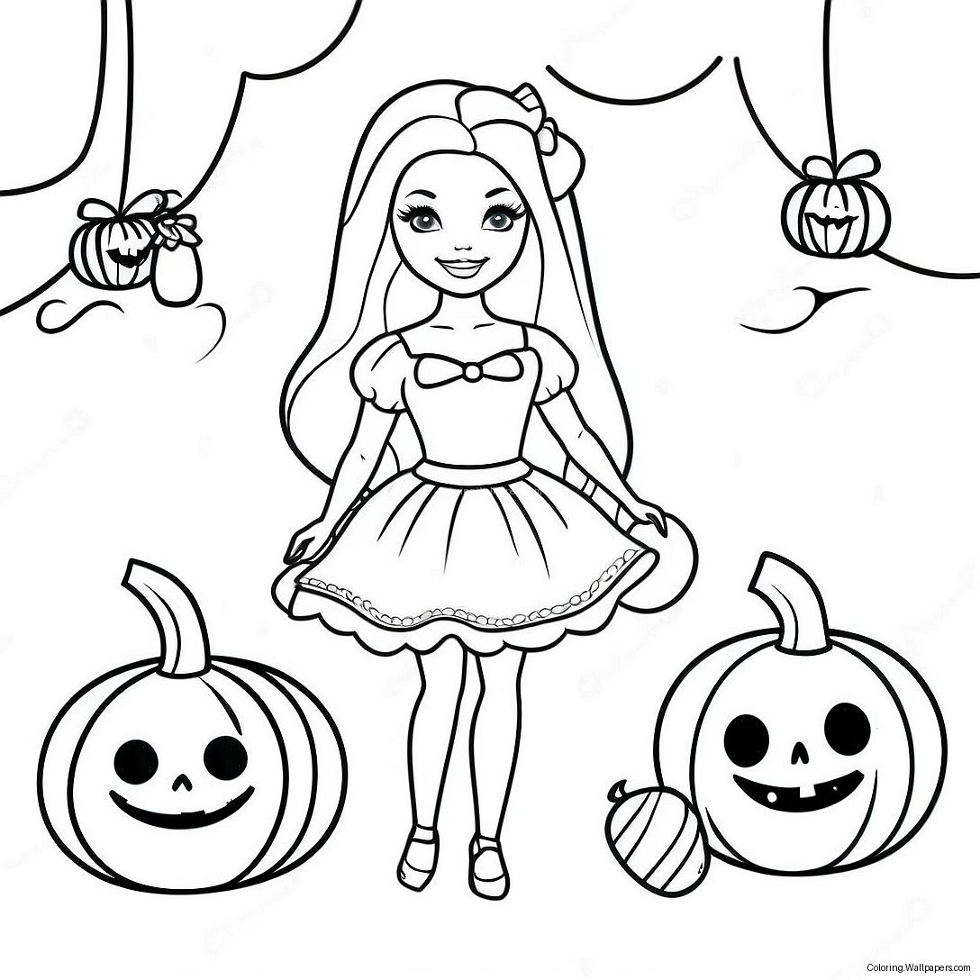 Spookachtige Halloween Barbie Met Pompoenen Kleurplaat 22037