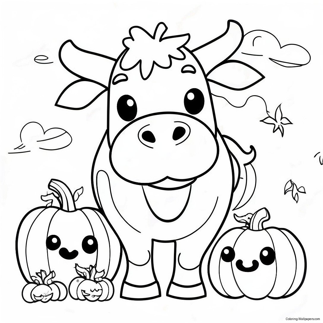 Spooky Halloween Cow With Pumpkins Coloring Page 50204