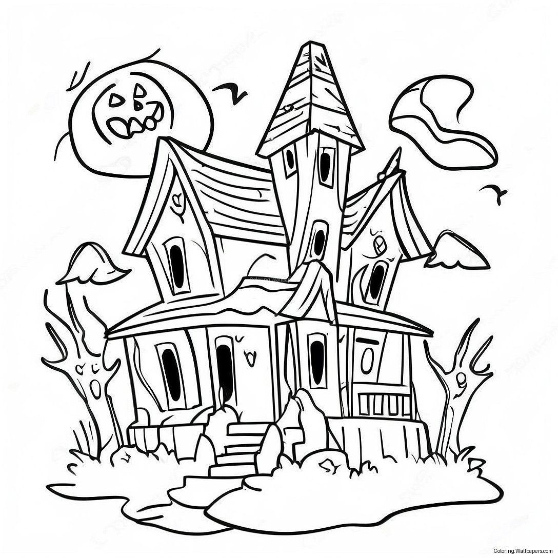 Page À Colorier Maison Hantée Effrayante Halloween 32589