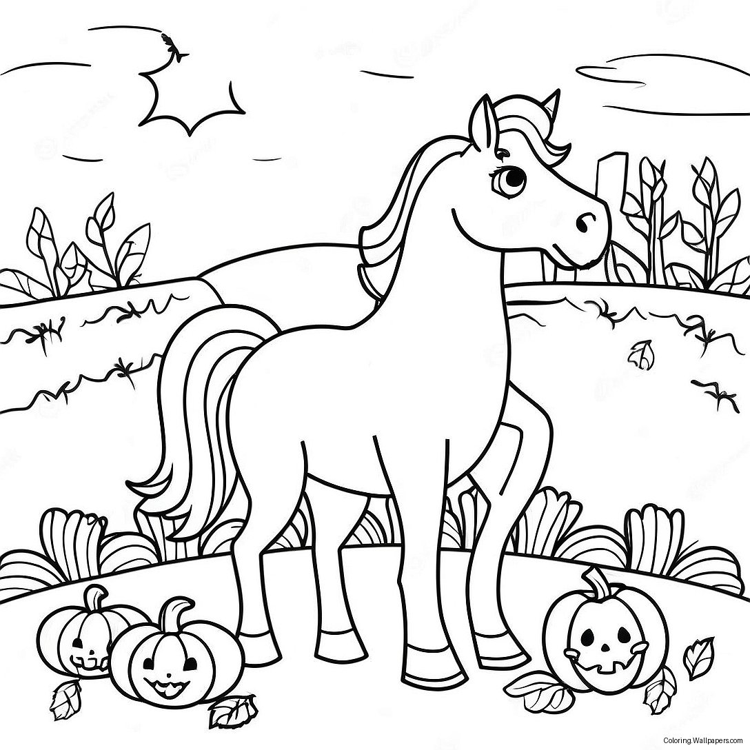 Página Para Colorear De Un Caballo Espeluznante En Un Campo De Calabazas 54890