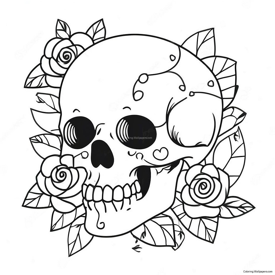 Stylish Love Skull With Roses Coloring Page 42817