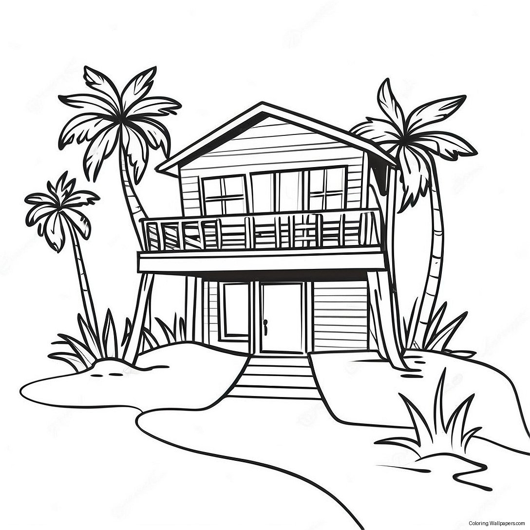 Sunny Beach House With Palm Trees Coloring Page 17344