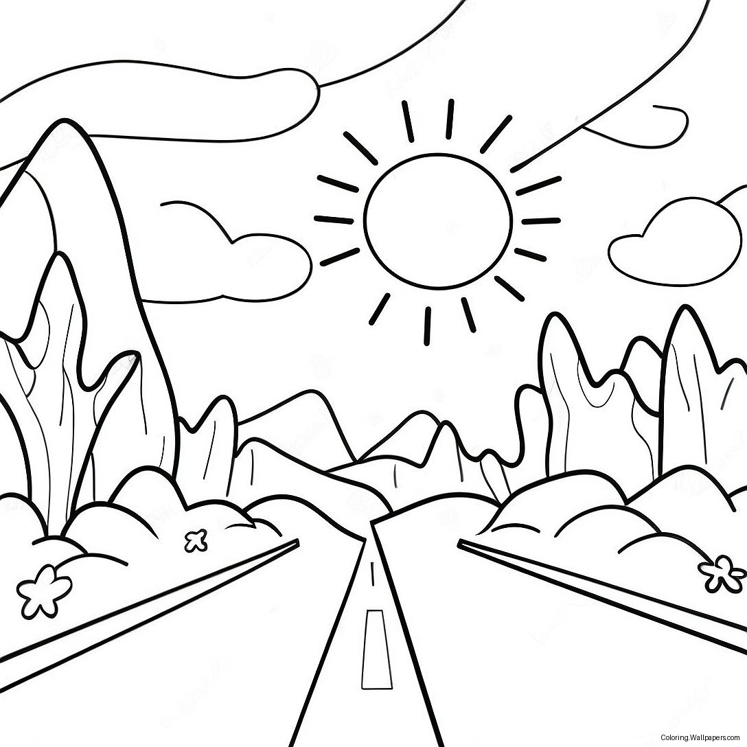 Sunny Road Trip Scene Coloring Page 10856