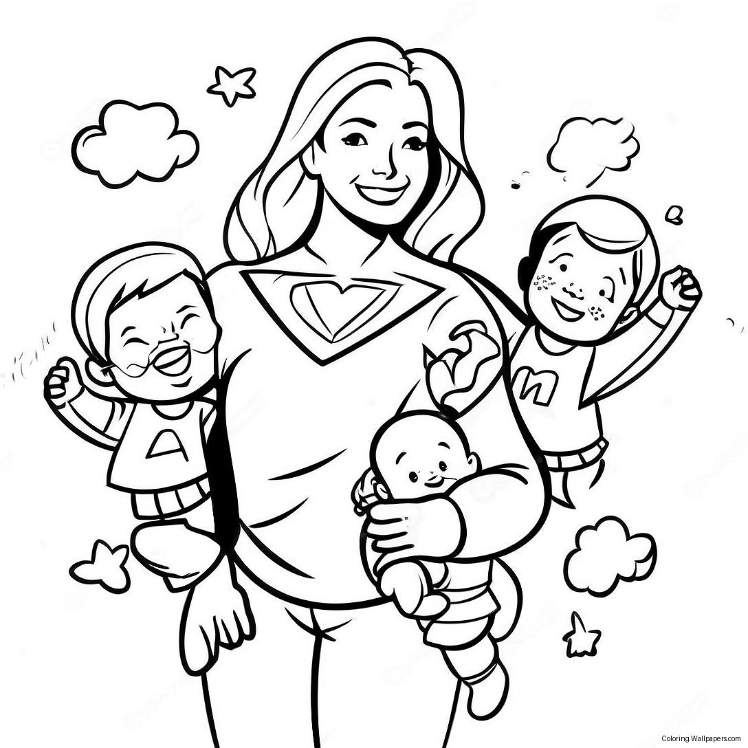 Super Mom With Kids Coloring Page 52356