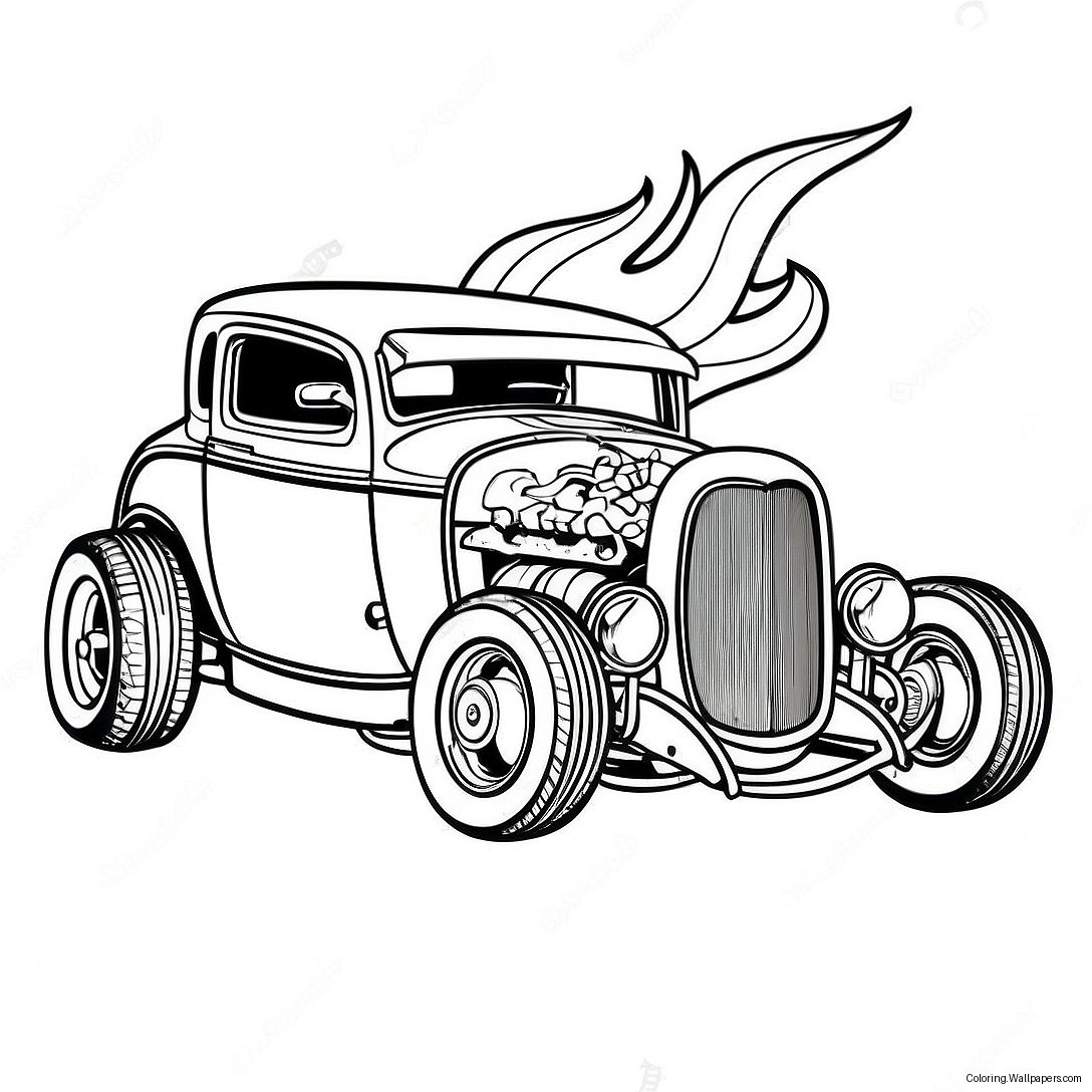 Vintage Hot Rod With Flames Coloring Page 3642