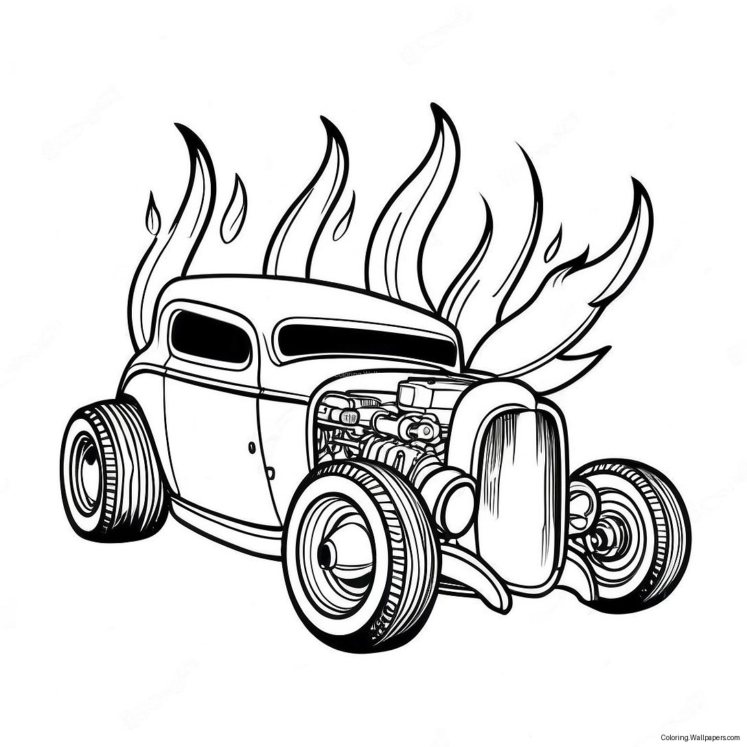 Vintage Hot Rod With Flames Coloring Page 3644