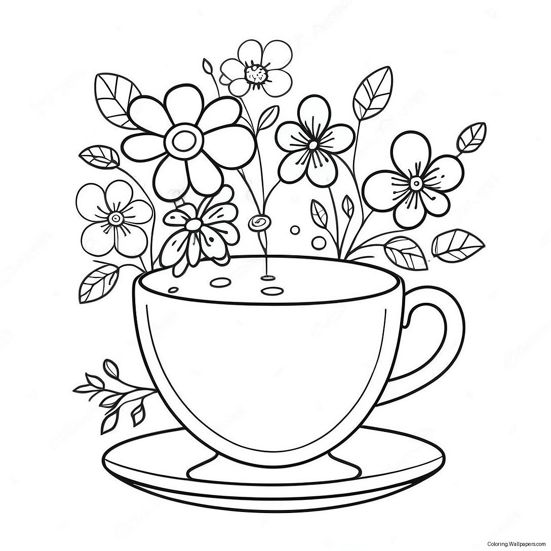 Whimsical Teacup With Flowers Coloring Page 31083