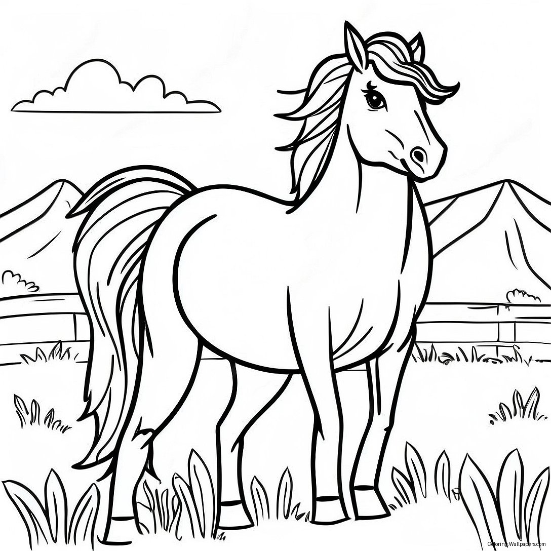 Página Para Colorear De Un Caballo Mustang Salvaje En Un Prado 32827