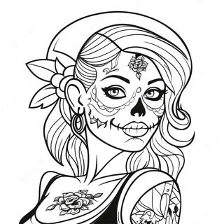 Edgy Gangsta Sugar Skull Girl With Tattoos Coloring Page 16611-13092