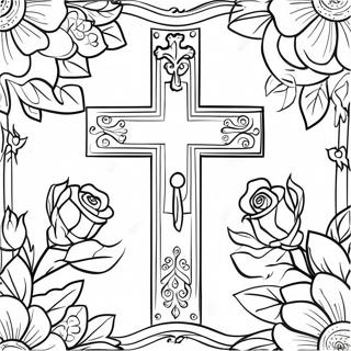 Cross With Roses Floral Design Coloring Page 34633-27385