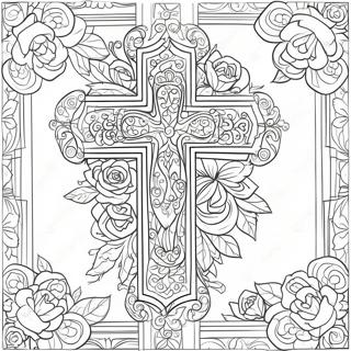 Intricate Cross With Roses Coloring Page 34634-27384