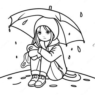 Melancholic Anime Girl Sitting In Rain Coloring Page 43894-34707