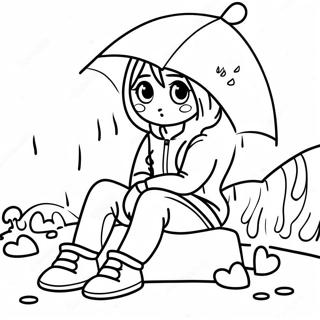 Melancholic Anime Girl Sitting In Rain Coloring Page 43894-34708