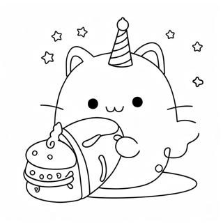 หน้าระบายสี Pusheen วันเกิดกับเค้ก 58823-46536