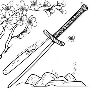 Samurai Katana With Cherry Blossoms Coloring Page 63674-50382