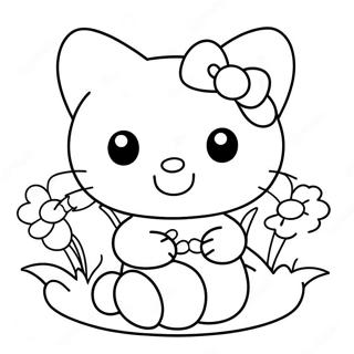 Söt Hello Kitty Med Blommor Färgläggningssida 8351-6650